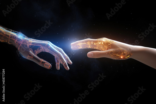 Ai hand touching a human hand
