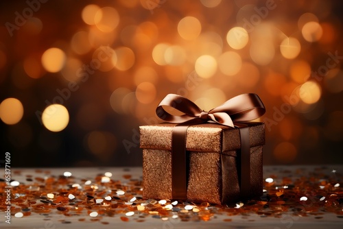 luxury orange gift box with orange ribbon on particles and confetti background © TERKWAZ