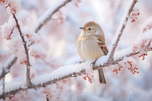 In the midst of a cold winter, this small bird finds solace in a snowy tree, showcasing the resilience of wildlife in harsh conditions.