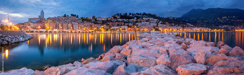 Panoramic view of colorful Old town and Old Port Of Menton, French Riviera, France