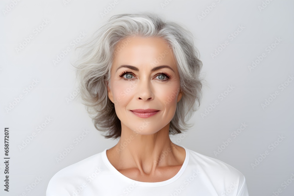 Beautiful gorgeous mid aged mature woman looking at camera. Mature old lady close up portrait. Healthy face skin care beauty. Beautiful gorgeous mid aged mature woman looking at camera. Mature old lady close up portrait. Healthy face skin care beauty.