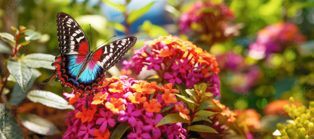 In a lush green meadow, a stunning butterfly adds a burst of color as it flits among the vibrant flowers.