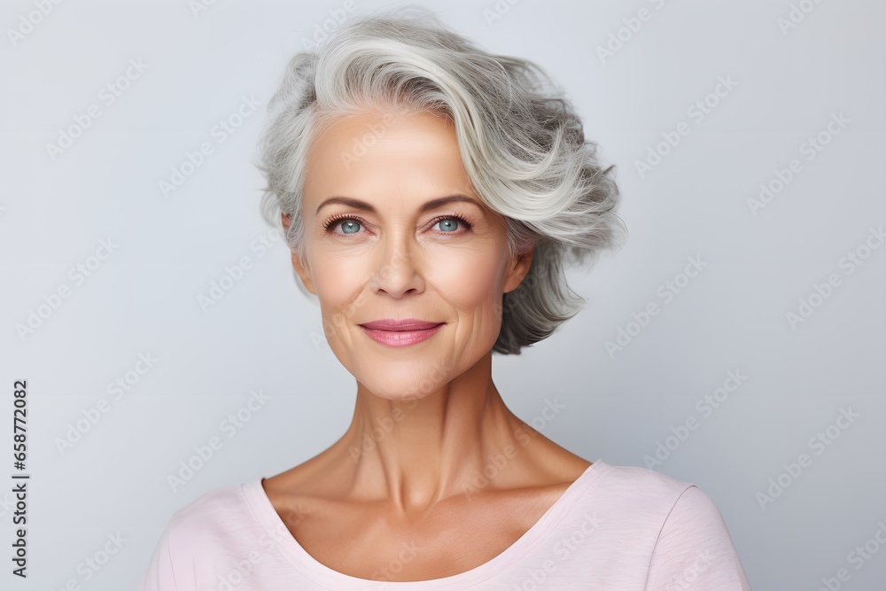 Beautiful gorgeous mid aged mature woman looking at camera. Mature old lady close up portrait. Healthy face skin care beauty.