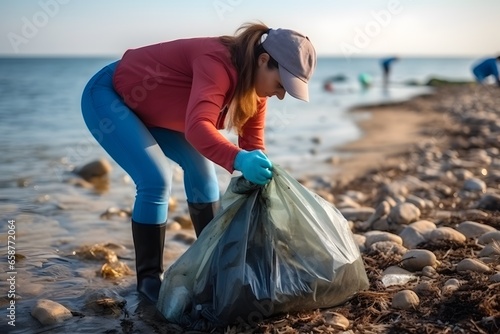 Female volunteer collecting garbage on beach. Cleaning of the coastal zone. Earth Day and environmental.