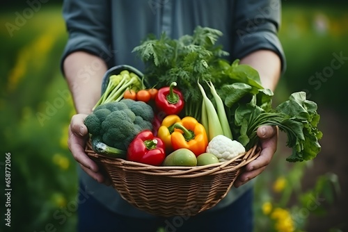 Basket with fresh vegetables in hands of farmer. 