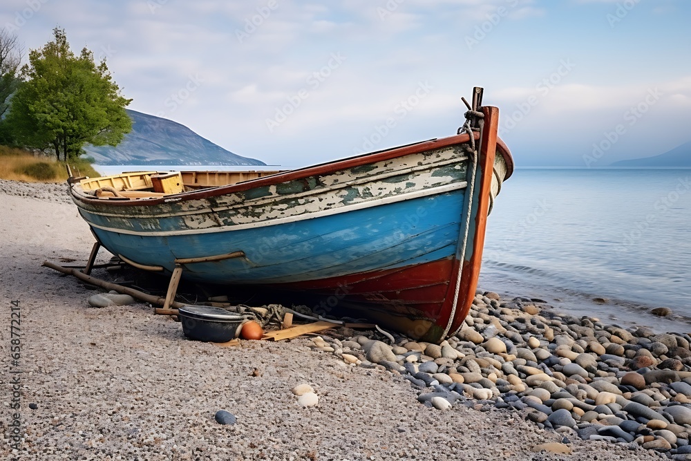 Old wooden fishing boat on the shore of Lake Ohrid,