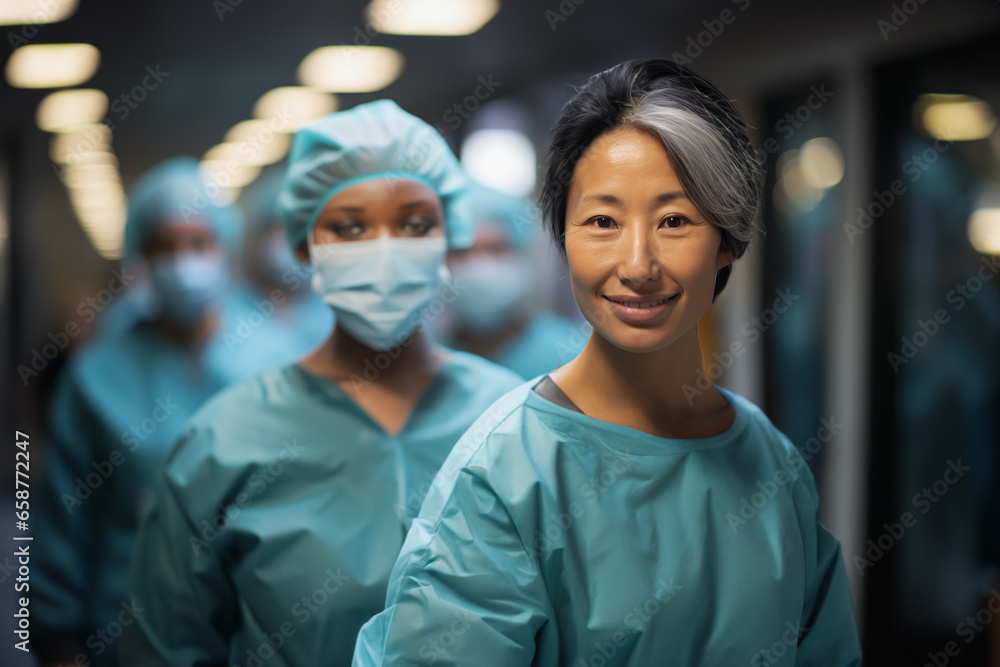Fototapeta premium An Asian middle-aged doctor and her colleague, an African doctor, walking to Surgery. Surgical theme on the way to a surgery.