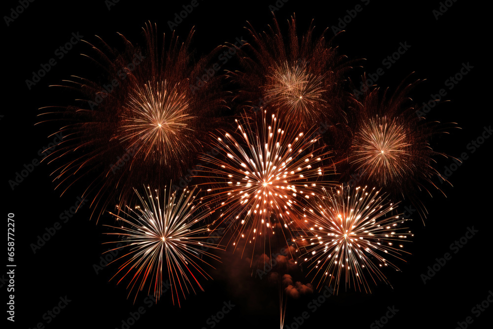 fireworks in black sky against dark background, dark emerald and light amber, decorative backgrounds, with empty copy space
