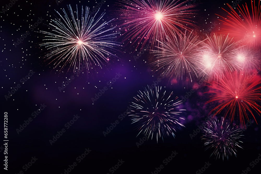 fireworks in black sky against dark background, dark emerald and light amber, decorative backgrounds, with empty copy space