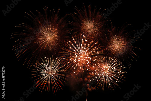 fireworks in black sky against dark background  dark emerald and light amber  decorative backgrounds  with empty copy space