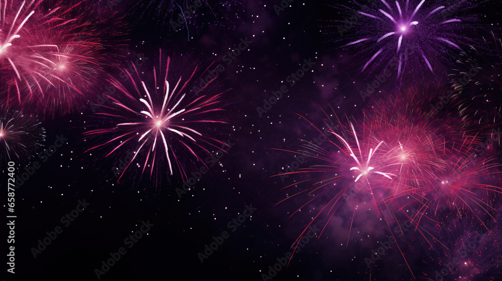 Fototapeta premium fireworks in black sky against dark background, dark emerald and light amber, decorative backgrounds, with empty copy space