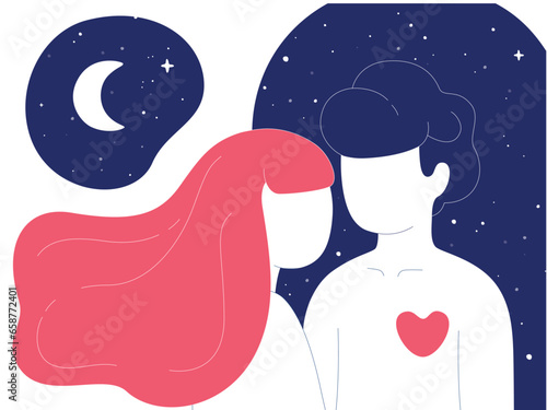 Silhouette of couple lovers in the night under the moon and stars. Happy young romantic couple together.Wife and husband loving relationships. Adam and Eve. Flat cartoon illustration