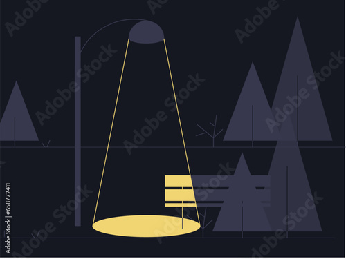 Summer night city park concept in flat cartoon design. Public recreation garden with lantern, bench, trees in dark. Streetlight lamp bulb pole illuminated light at public park garden.