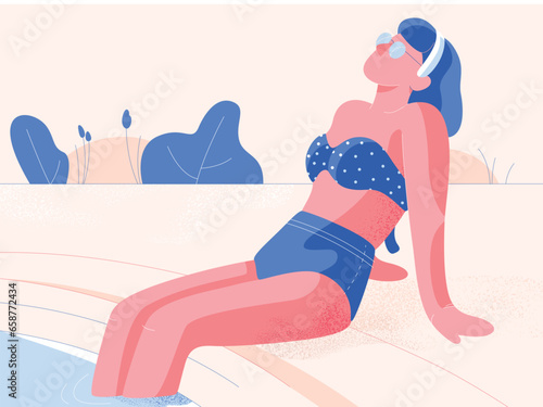 Young woman with glasses and retro swimming suite in the swimming pool. Girl resting at open-air swimming pool.. Vector flat illustration. Enjoy outdoors leisure. Background in pink color B.