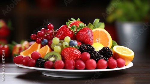 A vibrant plate of assorted fresh fruits  beautifully arranged against a clean  solid background  captured in stunning HD quality