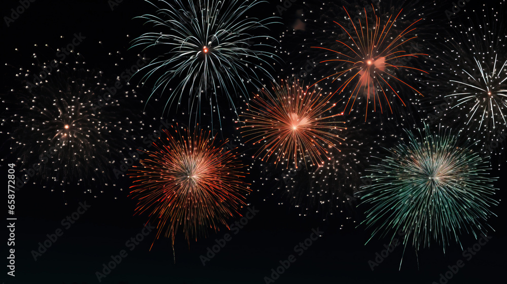 Naklejka premium fireworks in black sky against dark background, dark emerald and light amber, decorative backgrounds, with empty copy space