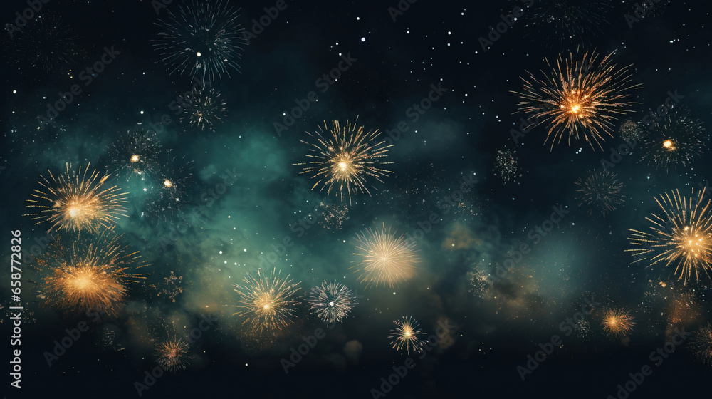 Fototapeta premium fireworks in black sky against dark background, dark emerald and light amber, decorative backgrounds, with empty copy space