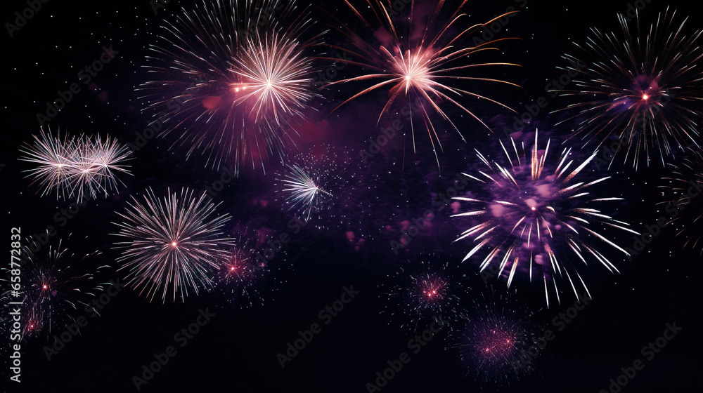 fireworks in black sky against dark background, dark emerald and light amber, decorative backgrounds, with empty copy space