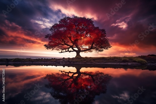 Beautiful landscape image of a tree reflected in the water at sunset