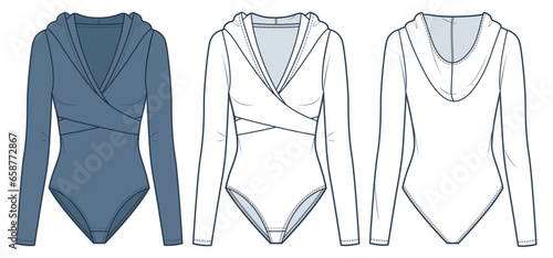 Hooded Bodysuit technical fashion illustration. Long Sleeve Bodysuit fashion flat technical drawing template, front and back view, white, blue, women, men, unisex active wear CAD mockup set.