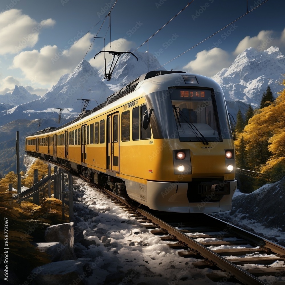 A yellow train tracks through mountain scenery, with yellow snow