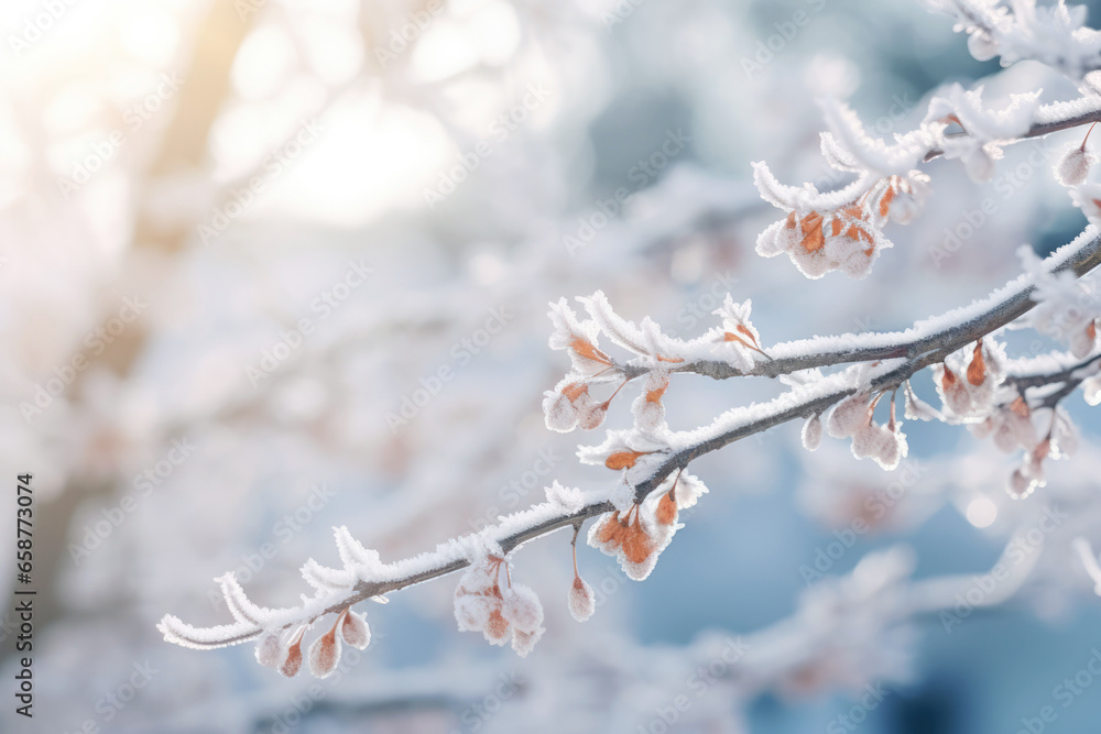 Nature's artistry on display: a frost-covered tree branch in a tranquil winter forest, creating a picturesque scene perfect for the holiday season.