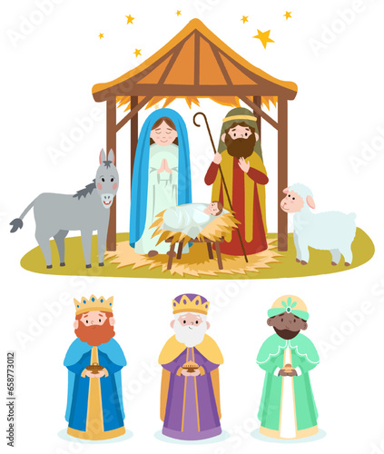 Set of cliparts of Nativity scene with baby Jesus, Mary, Joseph, animals and three wise men in Bethlehem in cartoon flat style.Vector illustration