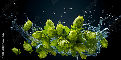 Splash on hops in a dark background craft beer concept