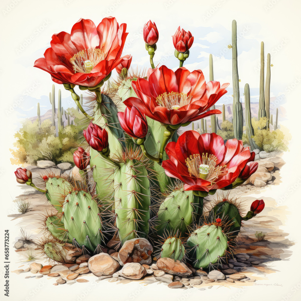 Fototapeta premium watercolor Saguaro cactus blossom clipart, generative ai