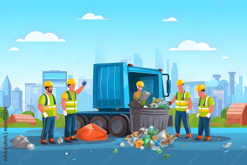 Teamwork garbage working together for trash removal with truck loading
