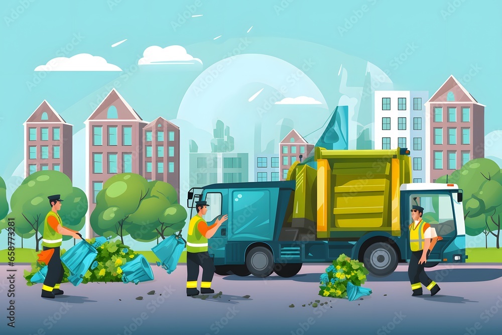 Teamwork garbage working together for trash removal with truck loading