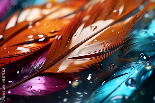 Colorful feather with water drops close-up macro photography background.