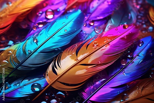 Colorful bird feathers with water drops close-up. Abstract background. © Gorilla Studio