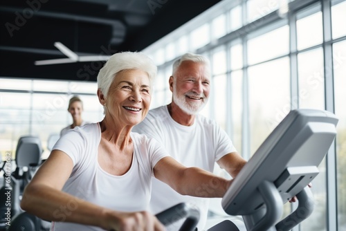 senior woman man exercise gym fitness couple sport healthy elderly health training active happy treadmill old fit mature female adult workout body vitality