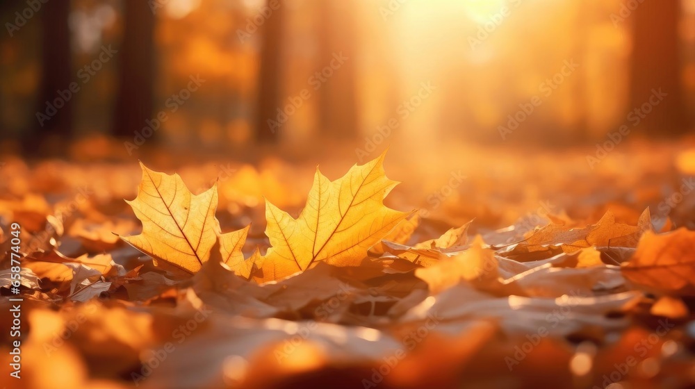 Beautiful orange autumn maple leaves close up on floor in the forest with soft focus at gold sunset
