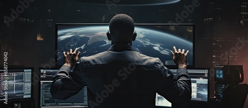 African American control room worker overseeing space mission with monitors and celebrating successful rocket launch With copyspace for text