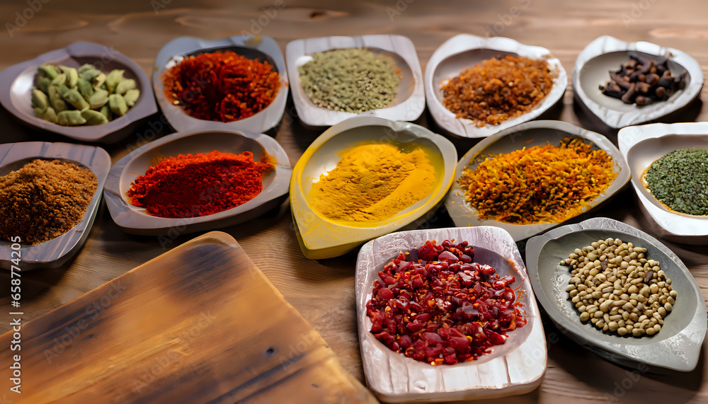 spices and herbs, Flavorful Palette: Assorted Spices on a Rustic Table, AI Generated spices and herbs, Flavorful Palette: Assorted Spices on a Rustic Table, AI Generated