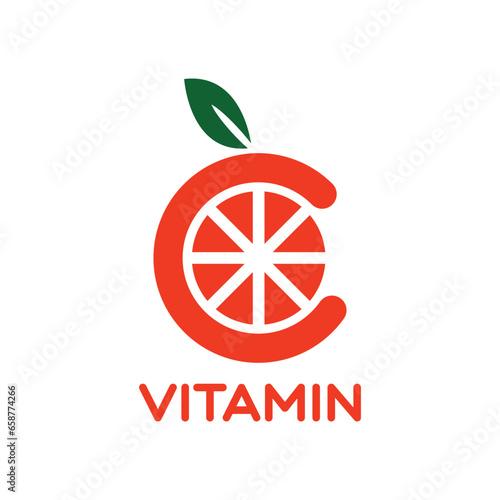 Orange fruit graphic vector illustration like letter C with two green leaves on top representing vitamin C, for company logo or symbol