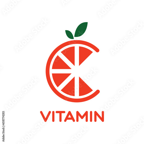 Orange fruit graphic vector illustration like letter C with two green leaves on top representing vitamin C, for company logo or symbol
