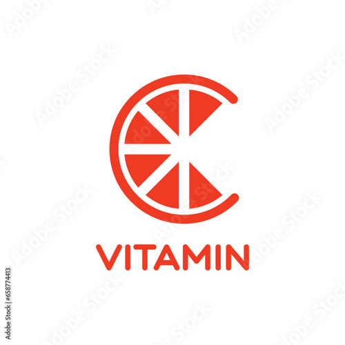 Orange fruit graphic vector illustration like letter C with two green leaves on top representing vitamin C, for company logo or symbol