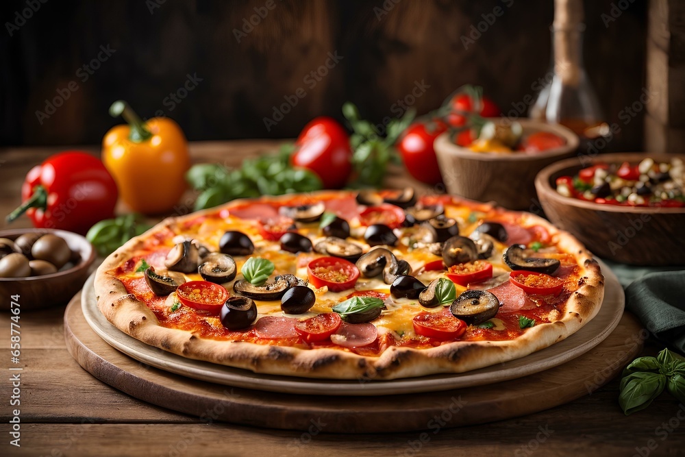 Delicious Pizza on Wooden Table Perfectly Plated Delight meal, dinner, sauce, lunch, tasty, dough, pepper, wooden table