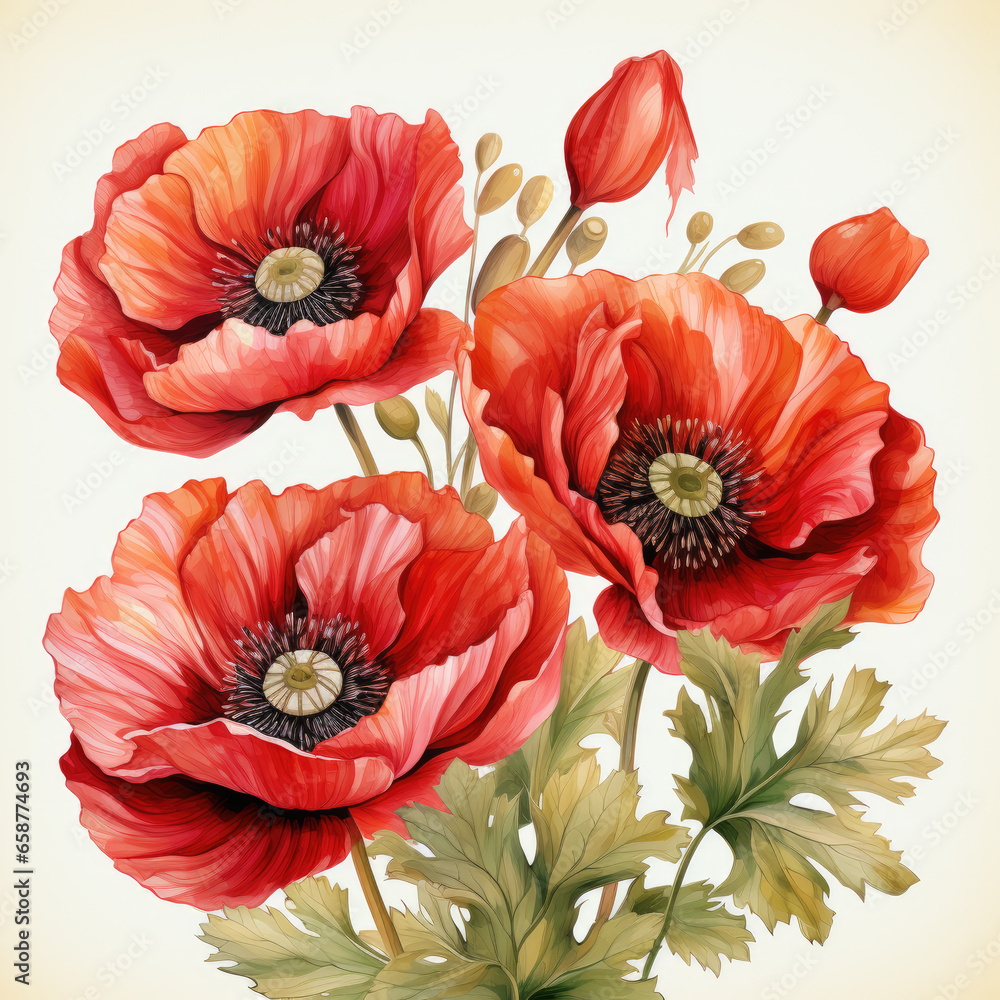 Fototapeta premium watercolor poppy clipart, generative ai