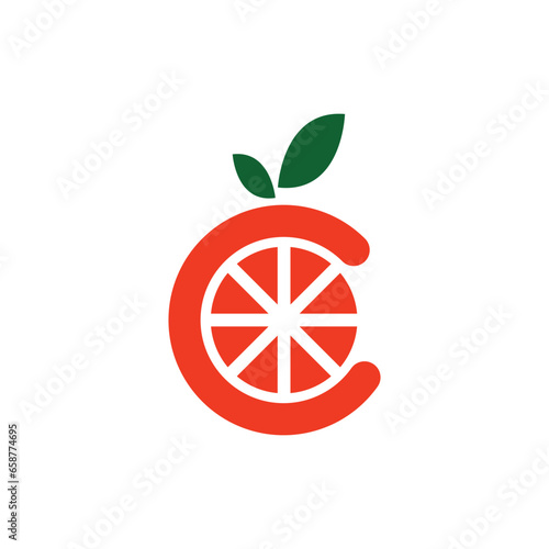Orange fruit graphic vector illustration like letter C with two green leaves on top representing vitamin C, for company logo or symbol