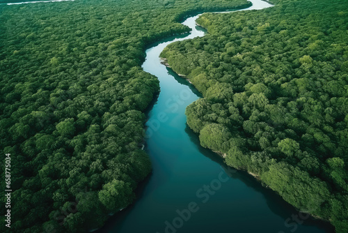 Aerial view of Beautiful natural scenery of forest, Rainforest ecosystem concept, Healthy fresh green tree environment, Fresh green natural scenery of hilltops. © TANATPON