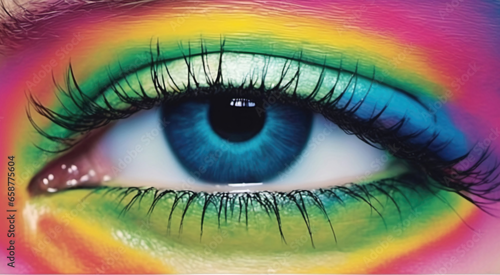 A colorful female eye with a rainbow makeup, macro closeup shot, illustration.
