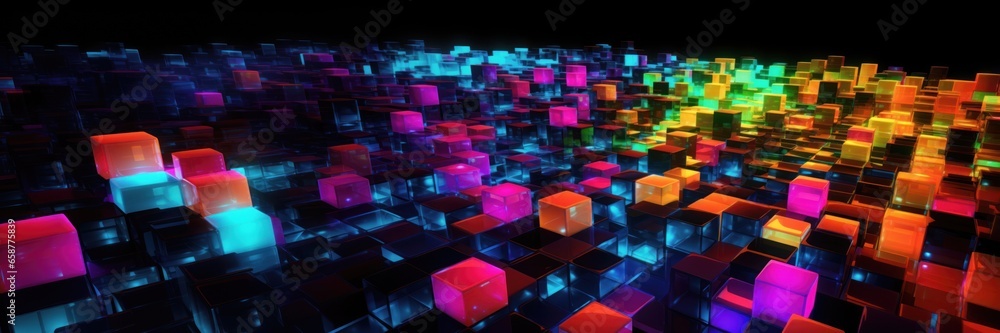 Abstract background with colorful glowing cubes. Abstract background with colorful glowing cubes.
