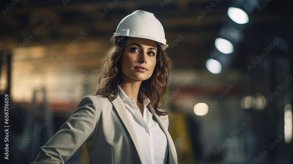 Portrait of a woman architecht at a construction site supervising the realization of her architectural creations - obrazy, fototapety, plakaty 