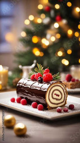 Christmas Log Cake, vertical image of Christmas dessert