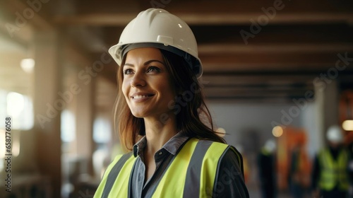 Portrait of a woman architecht at a construction site supervising the realization of her architectural creations © Fred