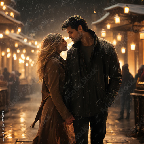 Beautiful embraced couple falling in love standing in the outdoor city. Winter in warm and inviting light as a background.The mood of romantic happiness, and excitement.